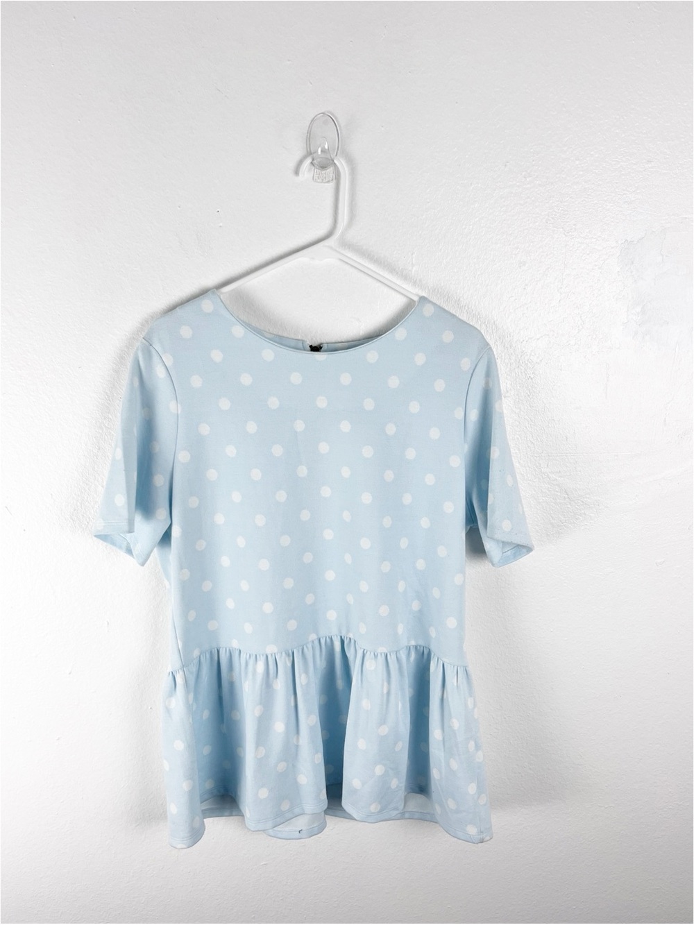 TYLER BOE Blue Polka Dot Seascape Back Zip Short Sleeves Peplum Hem Top Small